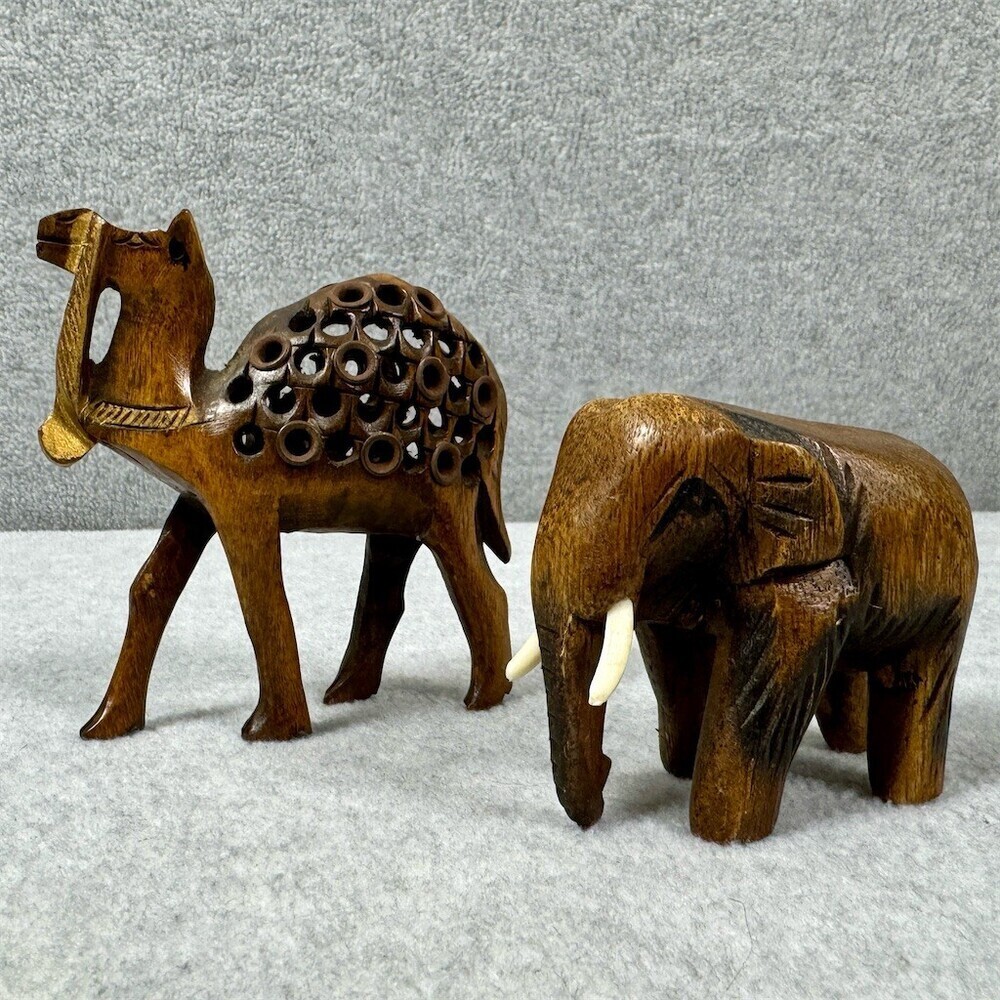 Hand Carved Elephant & Camel Figurines 2-Piece Set Brown